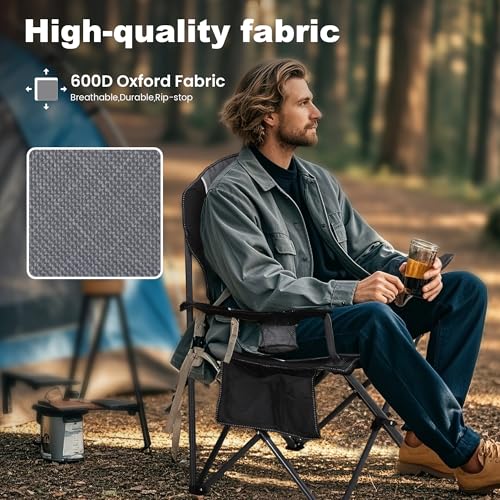 LET'S CAMP Oversized Outdoor Folding Camping Chair, 2 Pack Heavy Duty Arm Chairs with Cup Holder and Storage Bag, 350 LBS Weight Capacity, Grey - color: Black Grey, size: 2 Packs