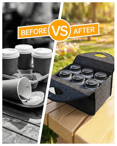 6 Cup Drink Carrier with Handle, Portable Felt Reusable Cup Holder for Hot & Cold Drinks, Coffee Carrier for Delivery, Takeout, Picnics, Parties - size: 6 Cup