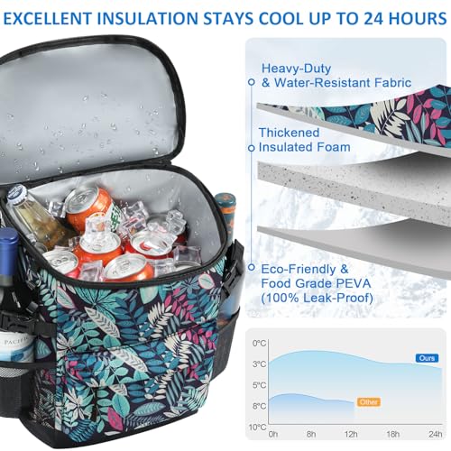 Tenot Cooler Backpack 33/40 Cans Backpack Coolers Insulated Leak Proof Soft Beach Cooler Bag for Men Women Ice Chest Backpack Camping Hiking Picnic Travel Cooler Lunch Backpack - color: Blue Leaves, size: 33 Cans