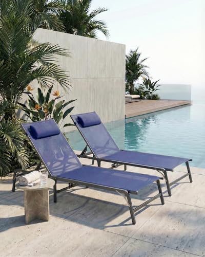 4 Pack Foldable Chaise Lounge Chair with Cup Holder, Assemble-Free Outdoor Lounge Chair with Detachable Pillow and 6 Adjustable Backrest, Patio Lounge Chair for Outside Poolside Beach Pool, Blue - color: Blue, size: 4-Pack