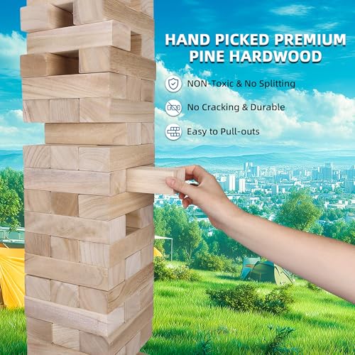 GOTHINK Giant Tumble Tower Game, Large Tumbling Tower Stacking to Over 5 FT 54pcs Wooden Jumbo Blocks for Outside Yard Games with Carry Case Timber Stacking Game Night Toy Gift for Kids Adults Family - size: XL- Over 5FT