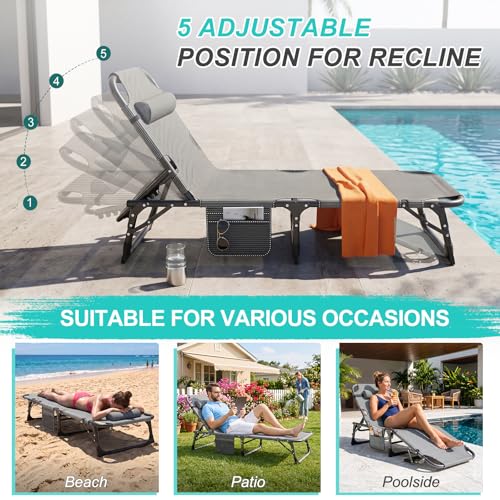 ABORON 3-in-1 Folding Patio Lounge Chair, 440LB Heavy-Duty Tri-Fold Guest Bed with Plush Cotton Cushion, No Assembly Adjustable Recliner for Office Nap, Patio Sunbathing, Poolside & Camping - color: Stone Obsidian-dusk