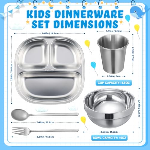 Tioncy 15 Pcs Stainless Steel Kids Dinner Set, Bowls, Balanced Bites Divided Plates, Cups, Spoons and Forks, Stainless Steel Lunch Plates Dinnerware Set for Kids Toddlers