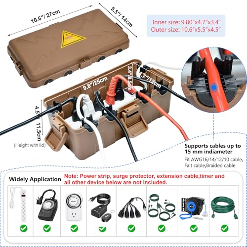 Hrensaw Medium Outdoor Electrical Box(10.6x5.5x4.5inch),Weatherproof Connection Box w/6 Cable Entry,IP54 Waterproof Extension Cord Cover Protect Power Strip,Timer,Plug,Holiday Lights,Brown - color: Brown, size: Medium