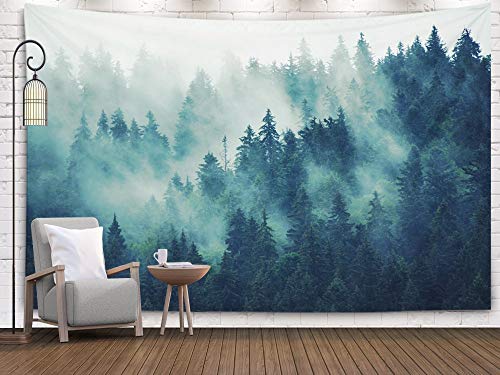 EMMTEEY Misty Forest Tapestry Nature Scenic Mountain Tapestry Green Tree Landscape Foggy Fir Pine Forest 50X60 Inches Tapestries for Living Room Bedroom Inhouse - color: Green Blue Grey, size: 50"L x 60"W