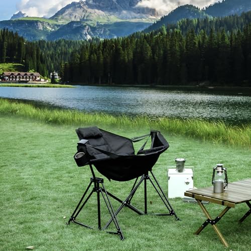 Hammock Camping Chair Folding 350lbs Foldable Portable Rocking Chairs for Adults Outside Swinging Camp with Stand Lawn Garden Hanging Outdoor - color: Beige