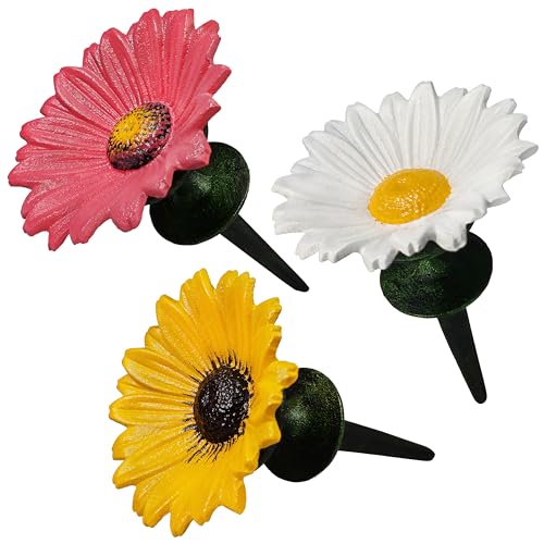 Lulu Decor, 100% Cast Iron Pink, White & Yellow Daisy Hose Guide (Set of 3) with Birds Water Feeder, Garden Hose Guide Spike, Rust Free Guide & Helps with Plant Protection