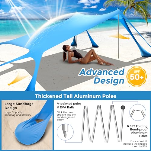 Beach Canopy Beach Tent Pop Up Shade 10x10ft Sun Shelter UPF50+ with 8 Sandbags-2 Sand Shovel-4 Aluminum Poles-Ground Pegs-Portable Carrying Bag for Outdoor Family Camping Fishing Yard Picnic - color: Royal Blue