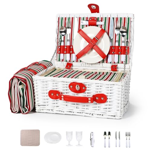 Wicker Picnic Basket for 2 with Waterproof Picnic Blanket and Insulated Bag Red and Green Color Scheme for Soccer Game, Camping, Travel, Birthday Gift, Wedding Gift - color: Classic Red and Green Stripes