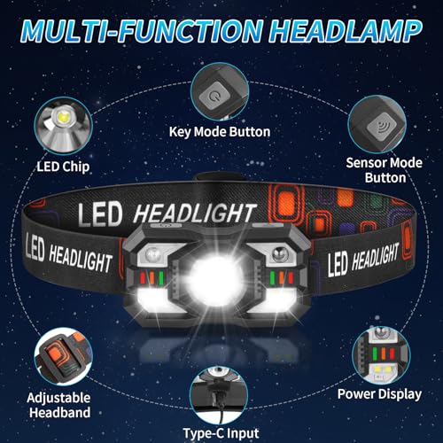 Staaricc Headlamp Rechargeable, LED Headlamp with Red Light, 2Pack Headlamps for Adults, Head Lamps LED Rechargeable, Headlight Motion Sensor, Head Lights for Forehead Hardhat Running Hunting Camping
