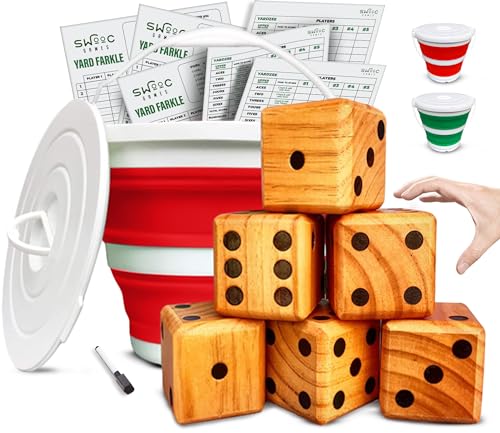 SWOOC Games - Yardzee, Farkle & 20+ Games - Classic Red Shaker Edition (All Weather) - Yard Dice Game Set with Red Collapsible Bucket, Lid, 5 Big Laminated Score Cards & Marker - Outdoor Yard Game - color: Red, size: 3.5" Dice
