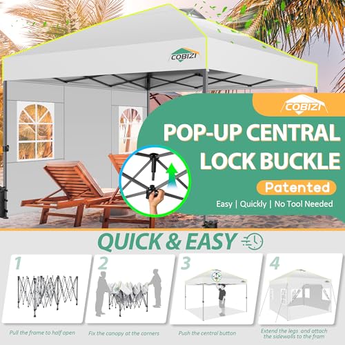 COBIZI 10x10 Pop up Canopy Tent with Sidewalls, One Push Setup, Waterproof & UV 50+ Outdoor Commercial Event Gazebo with Air Vent, Reflective Strip, 4 Sandbags Tents for Parties/Backyard/Camping,White - color: White(1-year warranty), size: 10x10