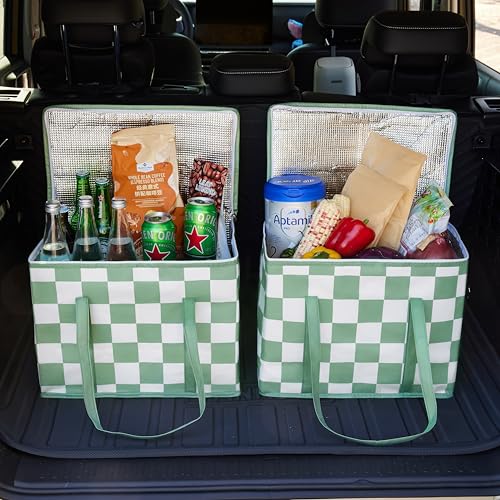 Ohocut Checkered Insulated Grocery Bags 2 Pack, Checkerboard Cooler Shopping Bags for Groceries, Insulated Bags for Food Delivery - color: Sage Green