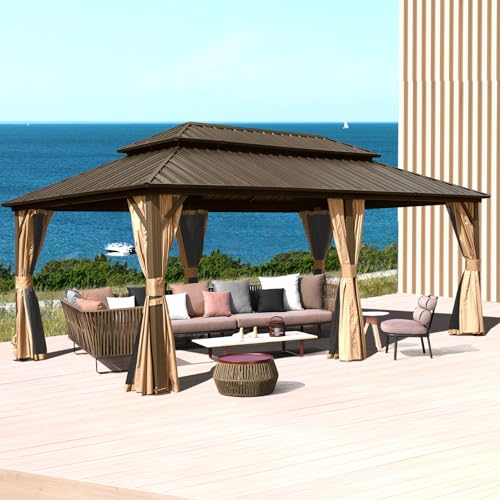 Domi 12' x 20' Hardtop Gazebo Permanent Metal Gazebo with Galvanized Steel Double Roof, Curtains and Netting for Party, Wedding, Outdoor Dining, Patio, Backyard, Brown - color: Brown, size: 12'×20' Double Roof
