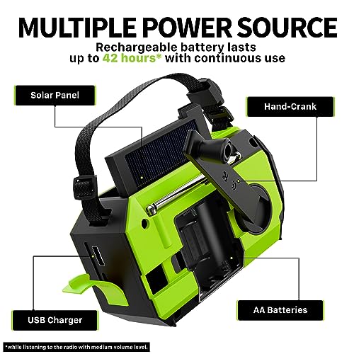 FosPower NOAA Emergency Weather Radio A6 19240mWh Portable Power Bank, AM/FM, USB/Solar/Hand Crank Charging, Battery Operated, SOS Alarm & Flashlight for Indoor/Outdoor Emergency - Green - color: 06 - Model A6 - Green