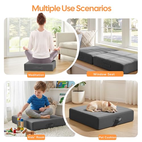 MeMoreCool Floor Pillow 22"x22" – Tufted Meditation Cushion with Foam Core, Grey Washable Cover & Handle | 5" Thick Firm Foam | for Adults, Kids, Yoga, Tatami, Pet Seating - color: Dark Grey, size: 22 Inch