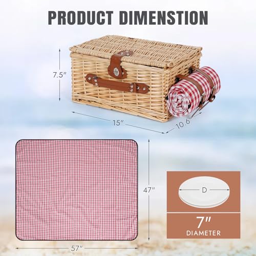 HappyPicnic Picnic Basket Set for 2 - Wicker Picnic Basket with Waterproof Blanket & Insulated Liner, Large Handmade Willow Hamper with Cutlery Kit for Outdoor, Picnic, Camping, Party, Holidays (Red) - color: Red Check