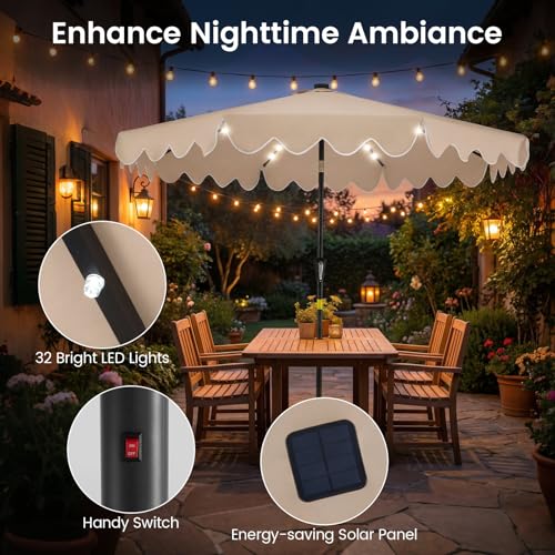 Tangkula 9 FT Solar Patio Umbrella with Base Included, 2-Tiers Outdoor Scalloped Table Umbrella with 32 LED Lights, 2 Sandbags, Tilt Adjustment, Crank, 8 Ribs for Market Backyard Pool Deck Beach Lawn - color: Coffee, size: 9 FT
