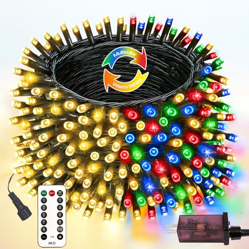 82FT 200 LED Color Changing Christmas String Lights with Remote & Timer & Memory Function, 8 Lighting Modes Waterproof Fairy String Lights for Xmas Tree Holiday Party Garden (Warm White & Multicolor) - color: Warm White & Multicolor, size: 200LED