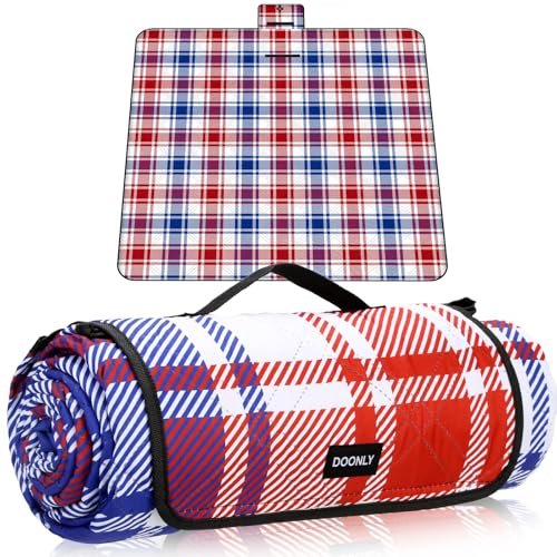 Doonly Picnic Blanket, 78" x 78" Large Waterproof Sandproof Beach Blanket, Foldable Outdoor Blanket Picnic Mat for Beach, Camping, Park, Grass, Lawn, Travel (Blue/Red/White) - color: Blue/Red/White