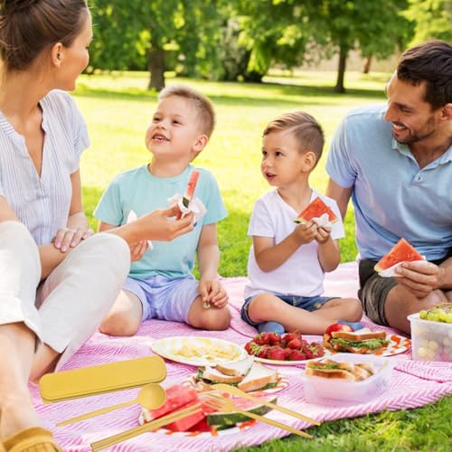 Reusable Travel Utensils Set with Case, Wheat Straw Portable Plastic Fork Spoon Knife Chopsticks Camping Cutlery, Eco-Friendly BPA Free Tableware Picnic Flatware for Kids Adults or Daily Use (Yellow)