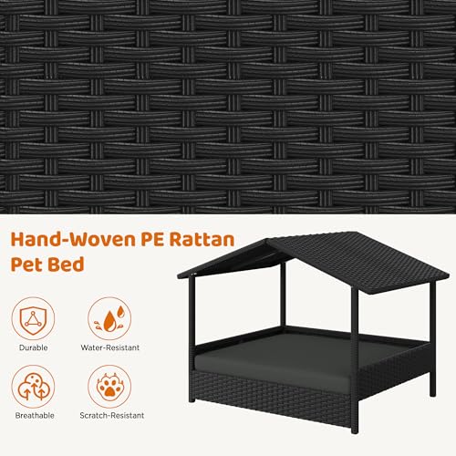 Yaheetech Wicker Dog House Outdoor Indoor with Canopy, Elevated Dog Shelter Dog Bed with Cushion for Small/Medium Dogs, Shade for Deck, Patio, Yard, Pool, Black House, Gray Cushion