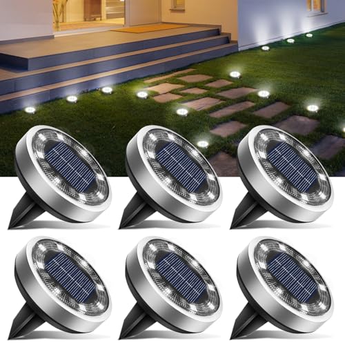 btfarm 6 Pack Solar Lights Outdoor, 8 LED Solar Ground Lights IP65 Waterproof Flat Solar Disc Light, Pathway Lights for Garden Lawn Patio Yard Path Landscape, Cool White - color: Cool White, size: 6 Pack