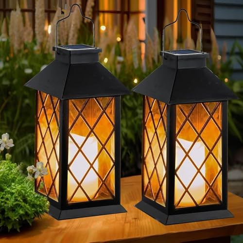 Solar Lanterns Outdoor Waterproof, 2 Pack 9" Glass Hanging Solar Lights with Flickering Flameless Candle, Outdoor Lanterns for Patio Wall Porch Table Garden Tree, Gift for Women Mom - Black - size: Black 9"