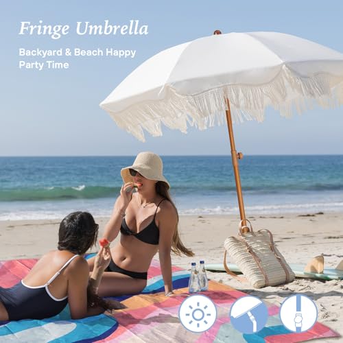 AMMSUN Boho Fringe Umbrella with Beach Blanket, 6.5ft UPF50+ Picnic Umbrella with Tassels with Steel Pole & Push Button Tilt, Antique White - color: Antique White with Colorful Blanket