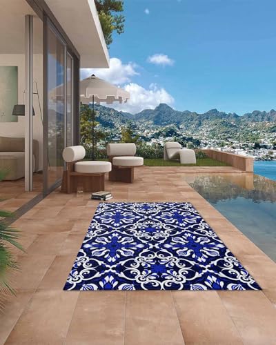 Large Outdoor Rug 6'x9' for Patio Indoor Outdoor Area Rug Boho Flower Line Texture Blue Rugs Outside Patio Rugs Camping Carpet Mat for Spring Picnic - color: Bohemianhoe7414, size: 6' x 9' (Rectangular)