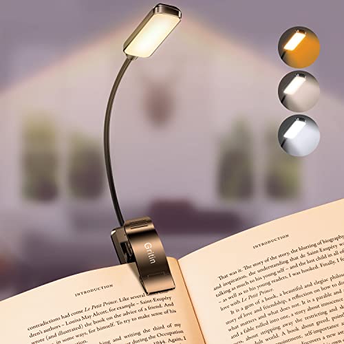 Gritin 9 LED Rechargeable Book Light for Reading in Bed - Eye Caring 3 Color Temperatures,Stepless Dimming Brightness,80 Hrs Runtime Small Lightweight Clip On Book Reading Light for Studying - color: ‎Black