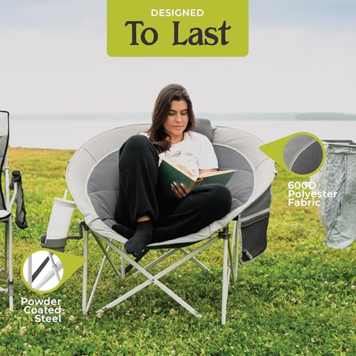 CORE Oversized Papasan Saucer Chair | Foldable Moon Lounge Chair with Cupholder & Storage Pocket for Indoor Home or Outdoor Camping | Perfect for Concert Seat, Sports, Beach, Travel & Picnic - color: Dark Gray