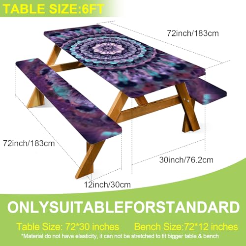 ANNA QUEEN Mandala Picnic Table Cover Set, 6FT Boho Purple Waterproof Tablecloth & Bench Covers 3PCS 72"x30" for Camping Garden Patio Festivals Retreats - color: #4