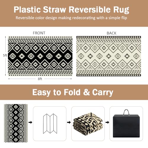 LILIOFFIC Outdoor Rug Waterproof 5x8 ft Outdoor Carpet Patio Rug Mat Reversible RV Camping Rug Plastic Straw Rug Outside Outdoor Area Rug for Patio Deck Balcony Backyard Picnic Beach Black & Beige - color: 01/Black & Beige, size: 5' x 8' (Rectangular)