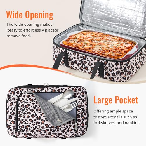 Insulated Casserole Carrier - Portable Casserole Carrier for Hot or Cold Food, Lasagna Holder for Parties,Picnic,Cookouts,Traveling - Fits 9" x 13" Baking Dish (Leopard Print) - color: Leopard