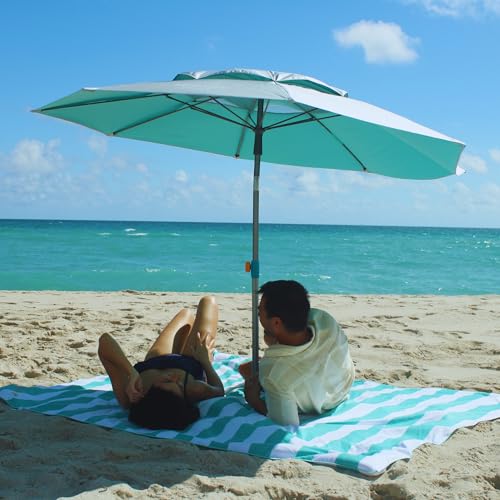 Plush Microfiber Beach Blanket, Extra Large Beach Mat for 3-6 Persons, Sandproof, Windproof | Hole for Umbrella, Corner Sand Pockets to Fight Wind (Bag for Blanket Included) - color: Teal & Stripes, size: X-Large