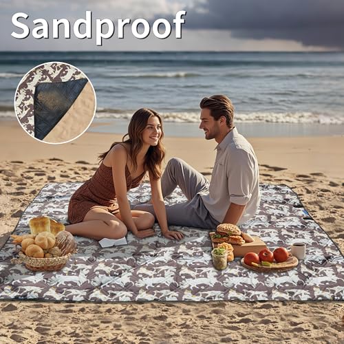 Outdoor Picnic Blanket Brown Cat&Dog 80"x80" Large Sandproof Beach Blanket Waterproof Picnic Blankets Foldable for Caming, Beach, Outdoor Activities. - color: Brown Cat&dog, size: 80"x80"