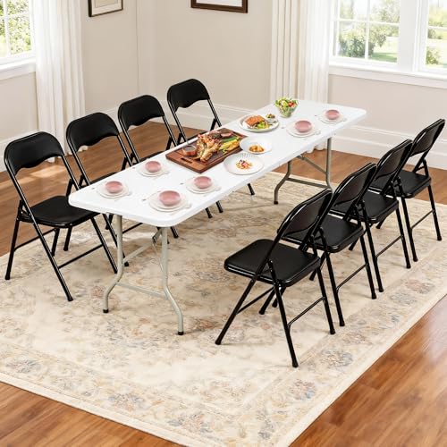 Elevon Folding Table Set with 8 Black Folding Chairs,8 Feet Heavy Duty Fold-in-Half Utility Table Sets for Picnic, Event, Training, Outdoor Activities, at Home and Commercial Use - size: 8 feet, style: With 8 Black Chair