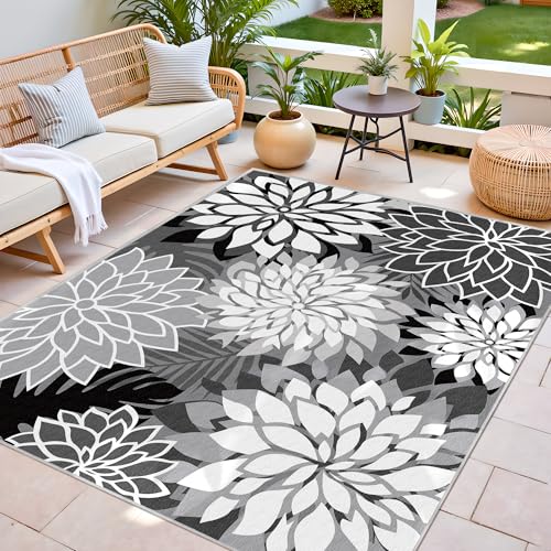 8x10 Outdoor Area Rug Washable Multicolored Patio Rug Tropical Botanical Floral Chenille Waterproof Outdoor Carpet Non-Slip for Deck, Backyard, Porch, Black - color: Black White, size: 8' x 10' (Rectangular)