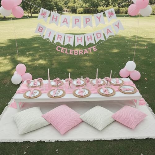Beeveer 91 x 71 Extra Large Outdoor Boho Picnic Blanket with Pink Table Runner, 6 Throw Pillow Covers 6 Napkins Woven Cotton Yarn Oversize Beach Blanket Washable Picnic Camp Wedding - color: Pink