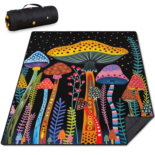 Mushroom Picnic Blankets Waterproof Foldable Picnic Outdoor Blanket 80"x 60" Picnic Mat 3-Layer Thicking Outdoor Foldable Blankets Sandproof Lightweight Beach Blankets with Strap Machine Washable - color: Mushroom04, size: 60*80in