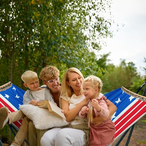 Tranquillo Sturdy Steel Hammock with Stand Premium Cotton Canvas Hammock, 600 lbs Capacity Hammock Stand Folding, Portable 30-Second Fold Unfold, for Camping, American Flag - color: 2. American Flag