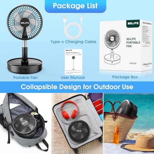Belife X8-Lite Portable Fan, 7200mAh Battery Powered Rechargeable,USB Desk Floor Fan with Remote, Foldable Telescopic Fan for Home Bedroom Sleeping Office Camping Travel, 7.7" (Non-Oscillating, Black) - color: Black, style: Non-Oscillating