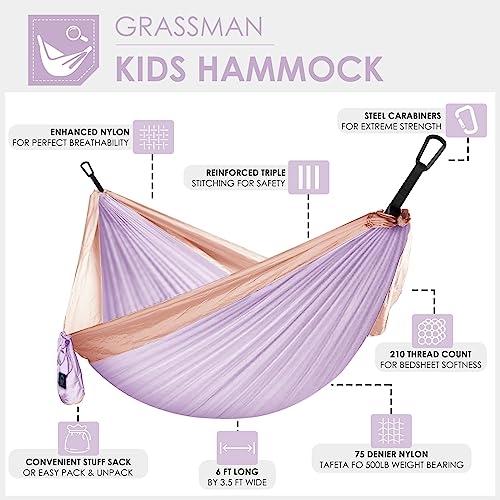 GRASSMAN Kids Hammock-Small Camping hammocks, Portable Camping Gear for Child Indoor/Outdoor use, with Tree Straps & Carabiners Purple - color: Purple & Pink, size: one pack