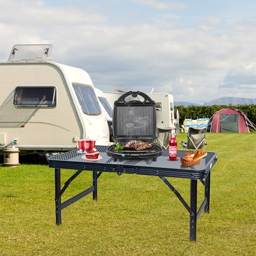 HPC Decor Folding Grill Table-Camping Table with Mesh Desktop,Portable Picnic Table with Carry Handle,27/56cm Height Adjustable Metal Table-Outdoor Grill Table,Folding Table for Outside Inside Use. - size: 2*1.8FT