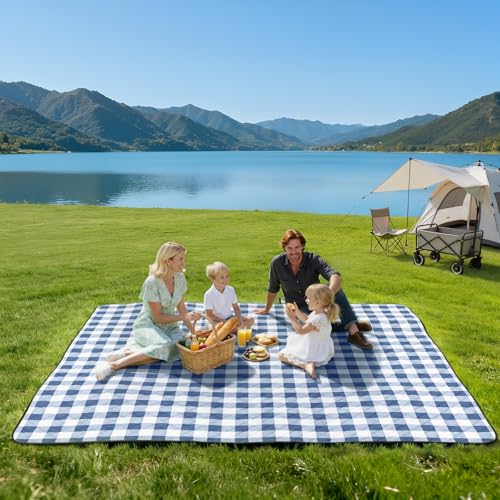 TigeJoy Extra Large Picnic Blanket Waterproof Foldable 80''x80'', Outdoor Picnic Mat Beach Blanket Sandproof for Park, Grass, Travel, Hiking, Camping Essentials, Gingham Picnic Blanket - color: Blue, size: 6'8" x 6'8" (Rectangular)