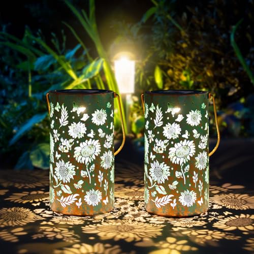Solar Lanterns Outdoor Waterproof,Hanging Solar Lights for Garden Decor Outside,Sunflower Gifts for Women,Metal Lanterns Decorative Outdoor for Yard,Patio,Backyard,Porch-2 Pack - style: Sunflower-2 Pack