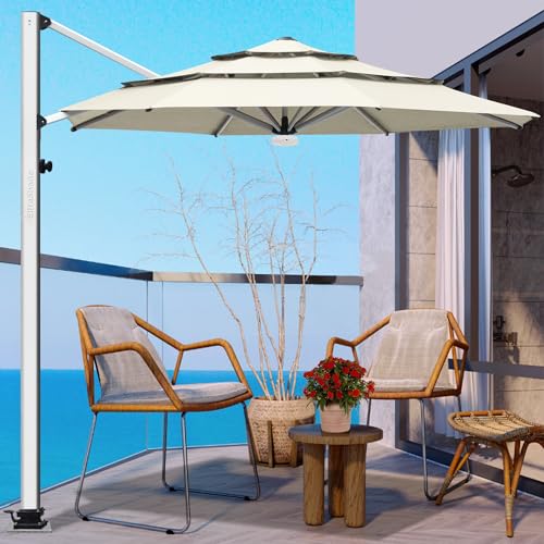 EliteShade USA APOLLO 3-Tier 11FT Full Aluminum Cantilever Patio Umbrella for Outdoor restaurant Garden Courtyard Deck Pool and Marketing with Light,Natural - color: Natural, style: 11FT Apollo