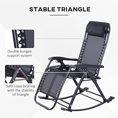 Outsunny Outdoor Rocking Chairs, Foldable Reclining Zero Gravity Lounge Rocker with Pillow, Cup & Phone Holder, Combo Design with Folding Legs, Black - color: Black, size: 1 Pack