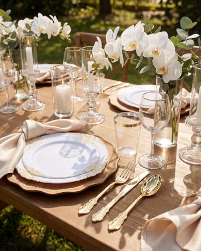 Nervure 350PCS Gold Plastic Plates - Gold Plastic Dinnerware Sets for 50 Guests - 100 Disposable Plates, 150 Silverware, 50 Cups, 50 Napkins for Wedding & Party & Mothers Day - color: Gold